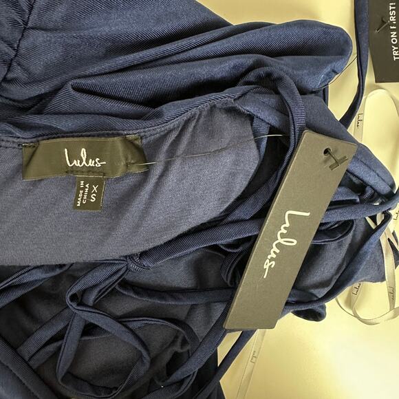 Lulus Iconic Allure Navy Blue Cowl Neck Lace Up Ruched Maxi Dress Stretch XS NWT - Picture 7 of 13